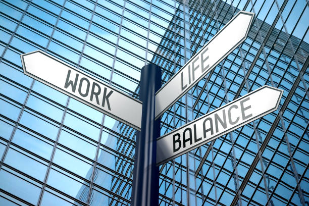 istock Work, life, balance - crossroads sign, office building 890337568