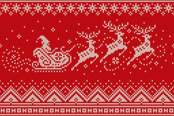 ilustrações de stock, clip art, desenhos animados e ícones de santa claus rides reindeer sleigh silhouette. christmas seamless knitted pattern. knitting wool sweater design - sewing pattern