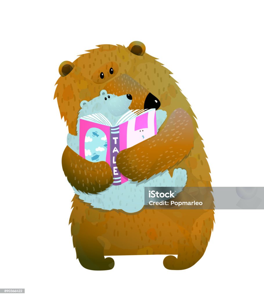 Bear family reading Mother or father bear reading book to bear cub. Vector illustration. Baby - Human Age stock vector