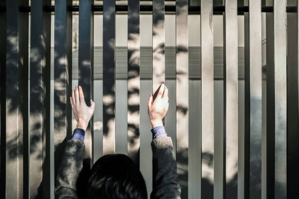 Businesswoman standing in front of a fence Businesswoman standing in front of a fence. insufficient funds stock pictures, royalty-free photos & images