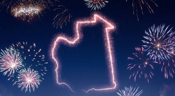istock Night sky with fireworks shaped as Mauritania.(series) 890377772