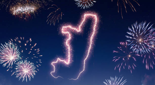 istock Night sky with fireworks shaped as Republic of the.(series) 890377812