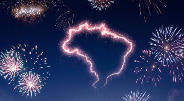 istock Night sky with fireworks shaped as Brazil.(series) 890377858