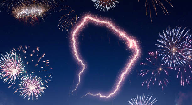 istock Night sky with fireworks shaped as French Guiana.(series) 890377894
