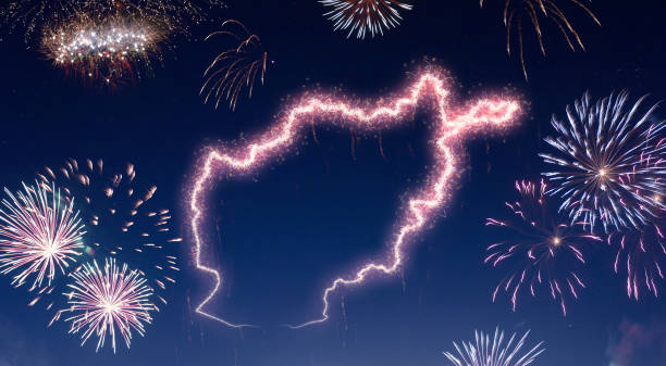 istock Night sky with fireworks shaped as Afghanistan.(series) 890378344