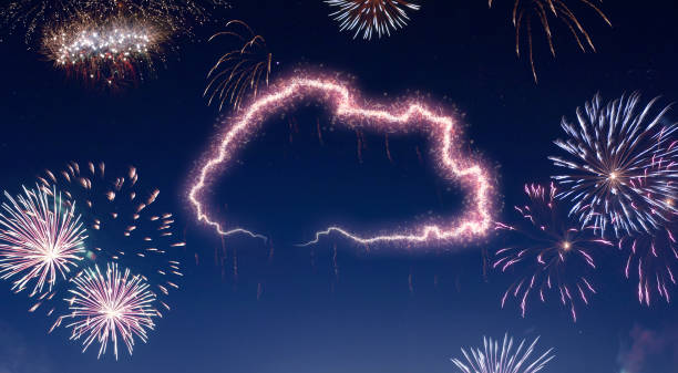 istock Night sky with fireworks shaped as Bhutan.(series) 890378870
