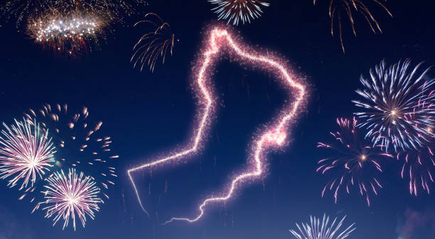 istock Night sky with fireworks shaped as Oman.(series) 890380012