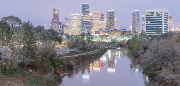 istock Snowfall along Bayou River bank and downtown Houston 890380604