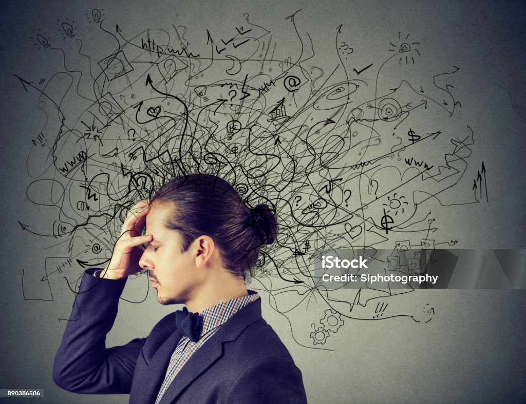 Thoughtful Stressed Man With A Mess In His Head Stock Photo ...