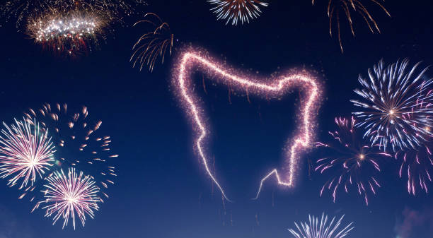istock Night sky with fireworks shaped as Tasmania.(series) 890393196