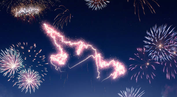 istock Night sky with fireworks shaped as Newfoundland.(series) 890393234
