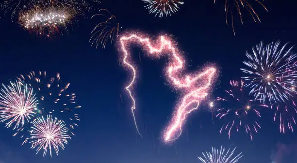 Photo of Night sky with fireworks shaped as Quebec.(series)