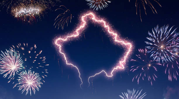 istock Night sky with fireworks shaped as Kosovo.(series) 890395330