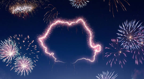 istock Night sky with fireworks shaped as Romania.(series) 890395388