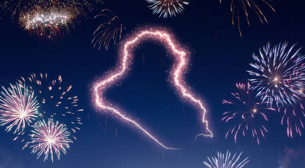 istock Night sky with fireworks shaped as Iraq.(series) 890395458