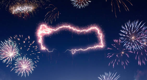 istock Night sky with fireworks shaped as Turkey.(series) 890395474