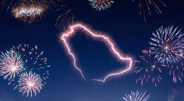 istock Night sky with fireworks shaped as Saudi Arabia.(series) 890395518