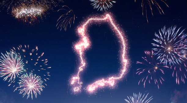 istock Night sky with fireworks shaped as South Korea.(series) 890395522