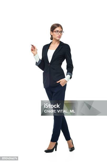 Business Woman With Pen Stock Photo - Download Image Now - Businesswoman, Cut Out, Elegance