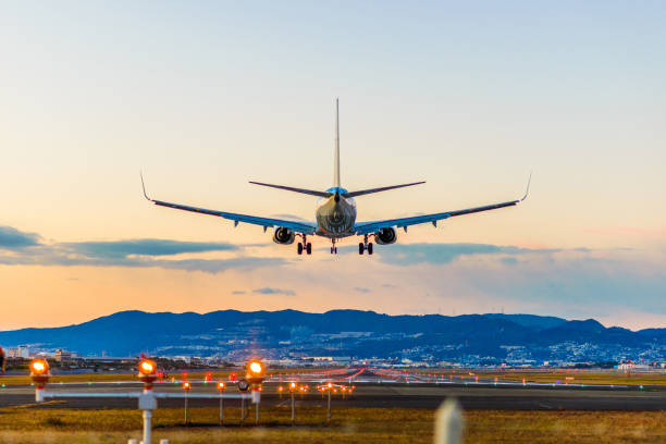 istock Passenger airplane landing in night 890429582