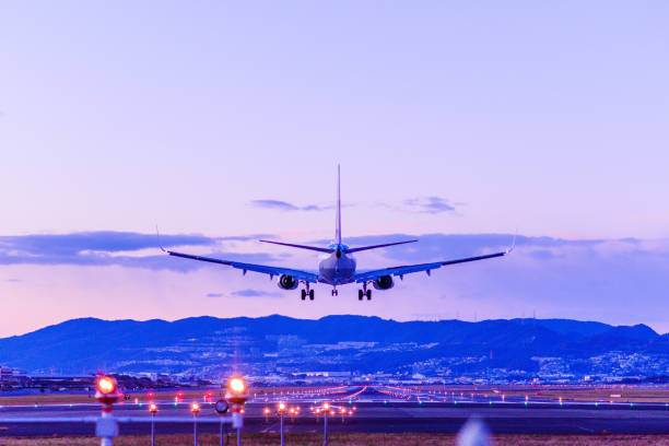 istock Passenger airplane landing in night 890429598