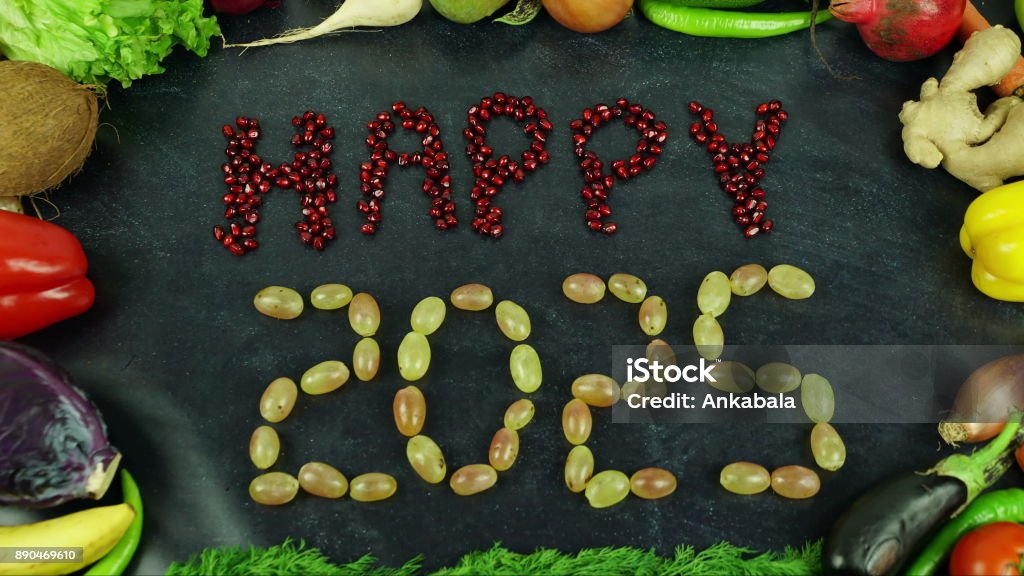 Happy 2025 fruit stop motion Organic fruits and vegetables for all seasons and for healthy life on the hand 2015 Stock Photo