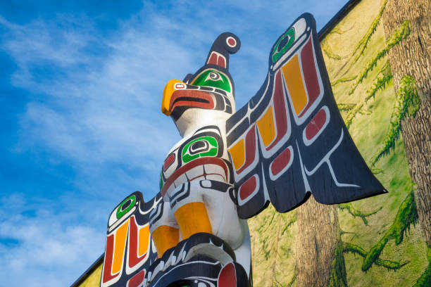 Ancient colorful Totem Pole in Duncan, British Columbia, Canada. stock photo