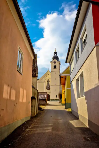 Town of Bad sankt Leonhard im Lavanttal colorful streetscape and church vertical view, Carinthia, Austria