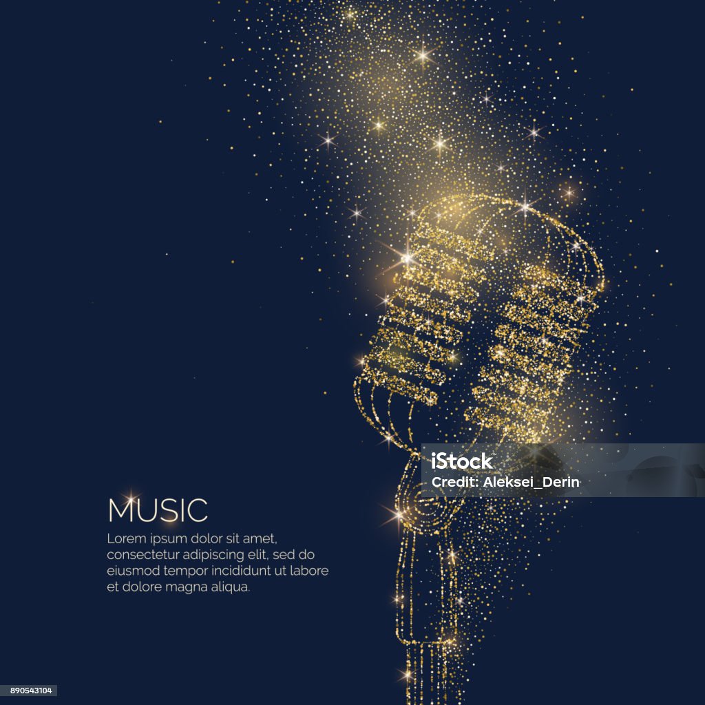 Cartel de música brillante con micrófono de brillo el lugar para texto. Ilustración de vector - arte vectorial de Micrófono libre de derechos