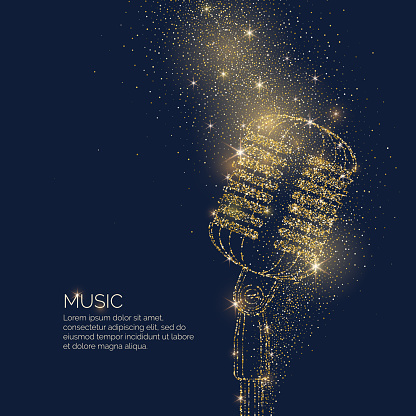 Bright music poster with microphone of glitter and place for text. Vector illustration