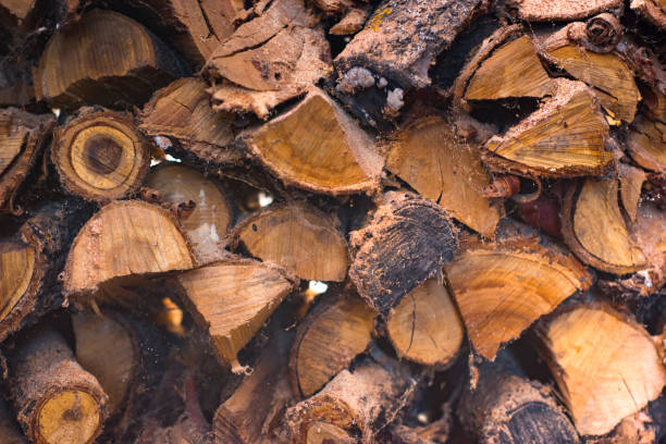 posiekane drewno opałowe ułożone w drewnie do ogrzewania domu - wood cutting chopping fireplace zdjęcia i obrazy z banku zdjęć