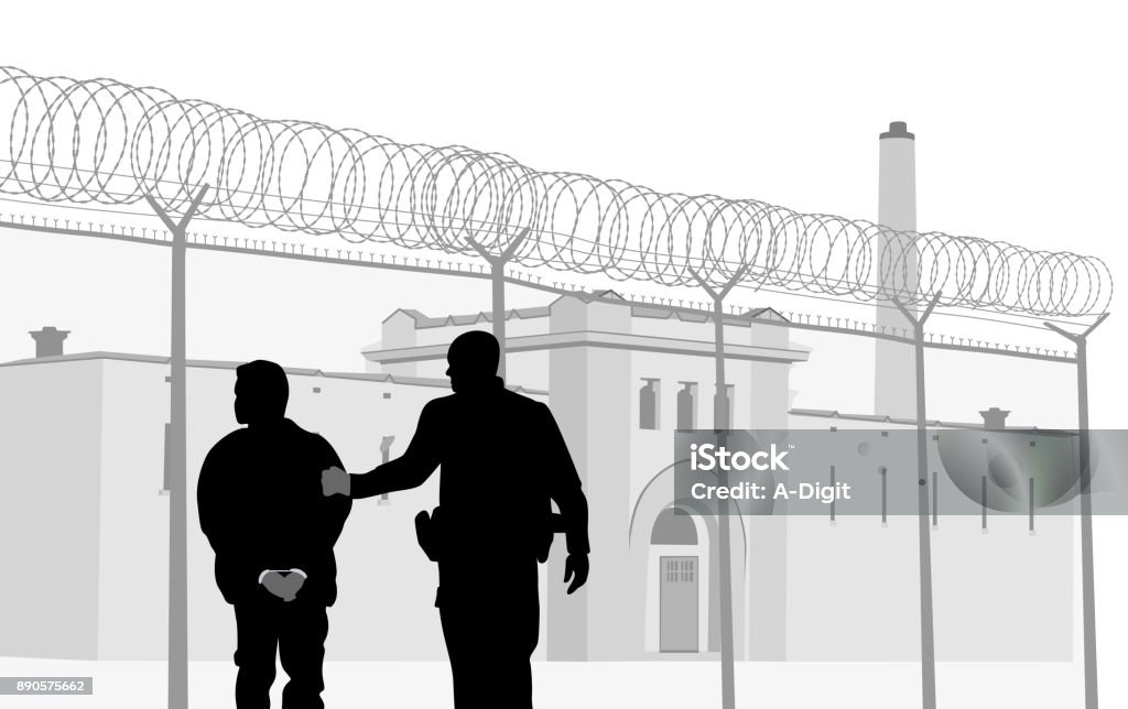 Prison Security Personnel Old prison with a guard escorting a handcuffed prisoner to the entrance Prison stock vector