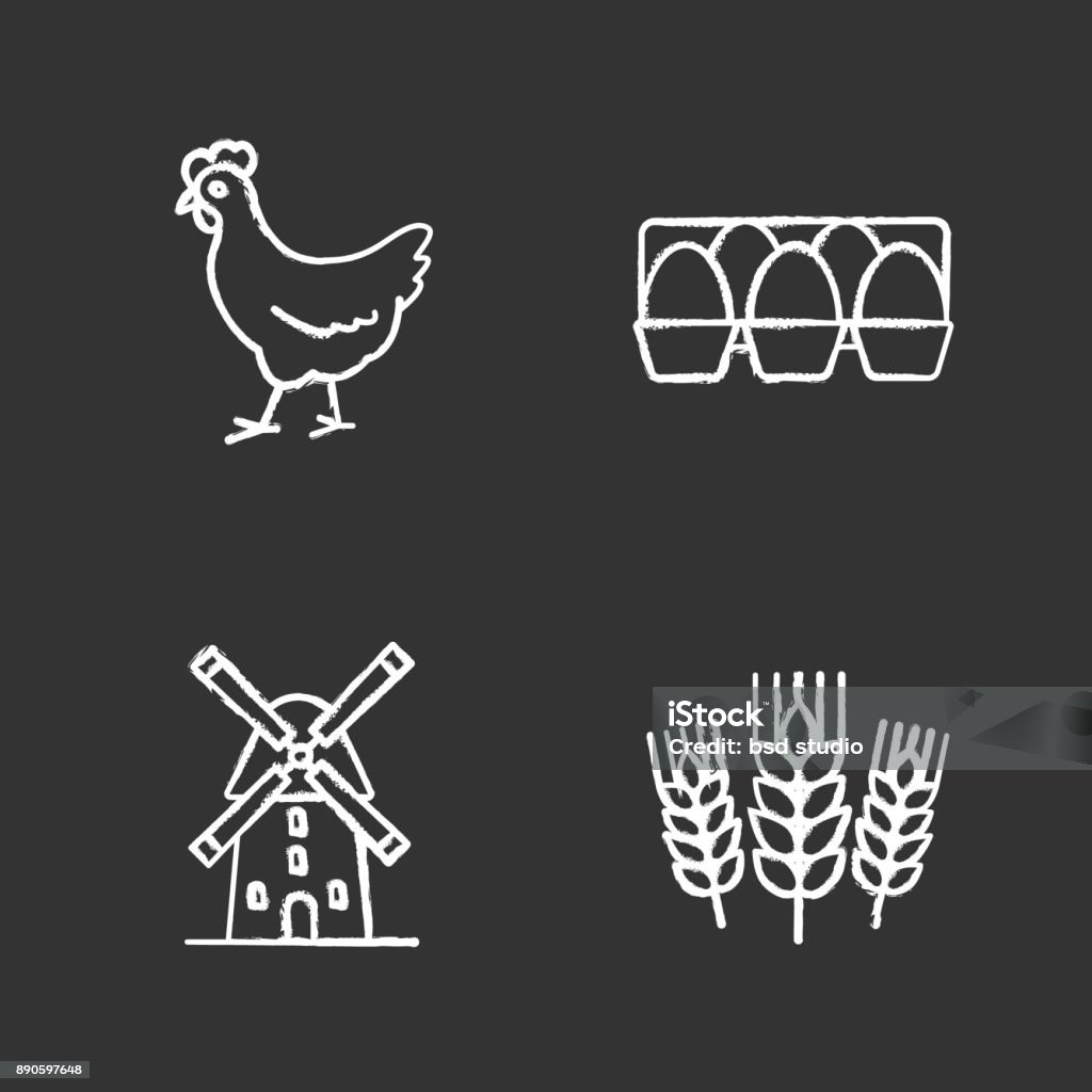 Agriculture icons Agriculture chalk icons set. Vector. Farming. Chicken, eggs tray, windmill, wheat ears Agricultural Equipment stock vector