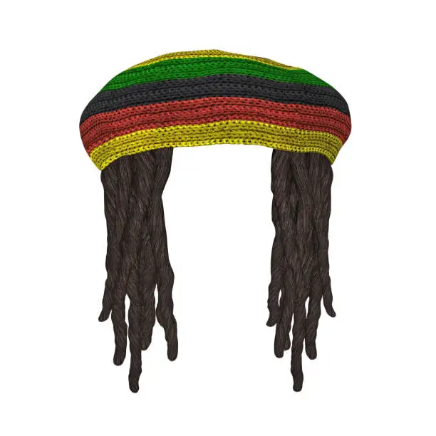 Rastafarians hat with dreadlocks isolated on white. 3D rendering