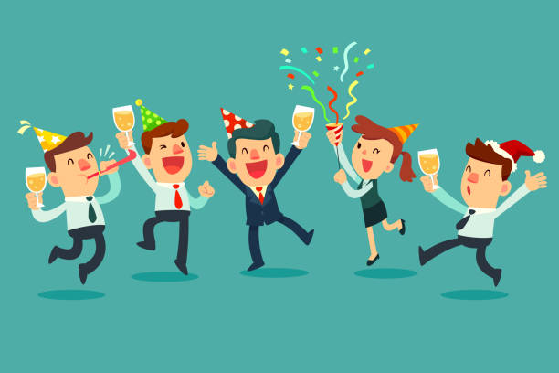 happy business team celebrating in office party Happy business team in the party. Businessman and businesswoman raising champagne glasses celebrating in office party. office christmas party stock illustrations