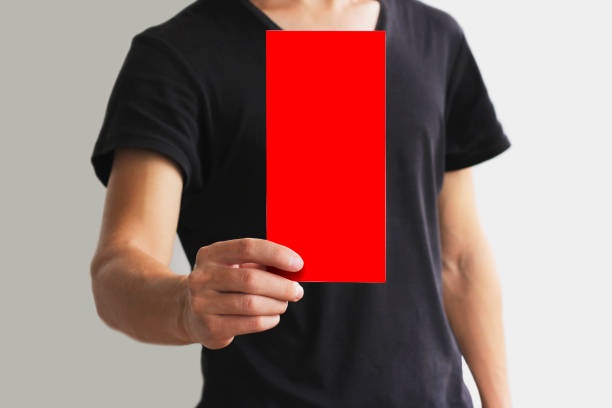 istock Man showing blank red flyer brochure booklet. Leaflet presentation. Pamphlet hold hands. Man show clear offset paper. Sheet template. Booklet design sheet display read first person 890607222
