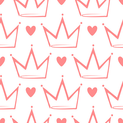Crowns and hearts drawn by hand. Cute seamless pattern. Sketch, doodle. Vector illustration. White, pink colour.