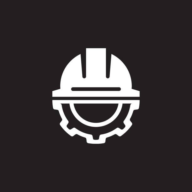 ilustraciones, imágenes clip art, dibujos animados e iconos de stock de icono de la ingeniería. engranaje y casco. símbolo de desarrollo. - hard hat