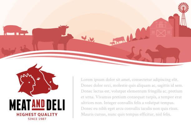 Vector butcher shop illustration Vector butcher shop illustration with rural landscape and farm animals meat backgrounds stock illustrations