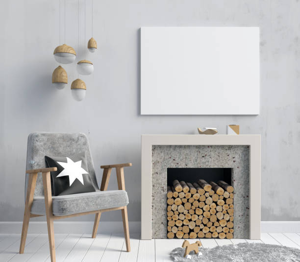 istock Modern  interior with a decorative fireplace, Scandinavian style. 3D illustration. Poster mock up 890649682