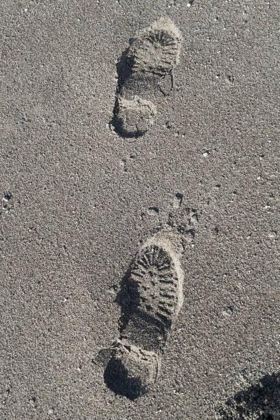 istock Footprints of shoes on a sandy beach 890650388