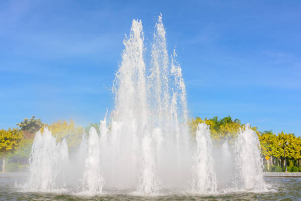 istock Fountain in a park with green tree and blue sky background 890654002