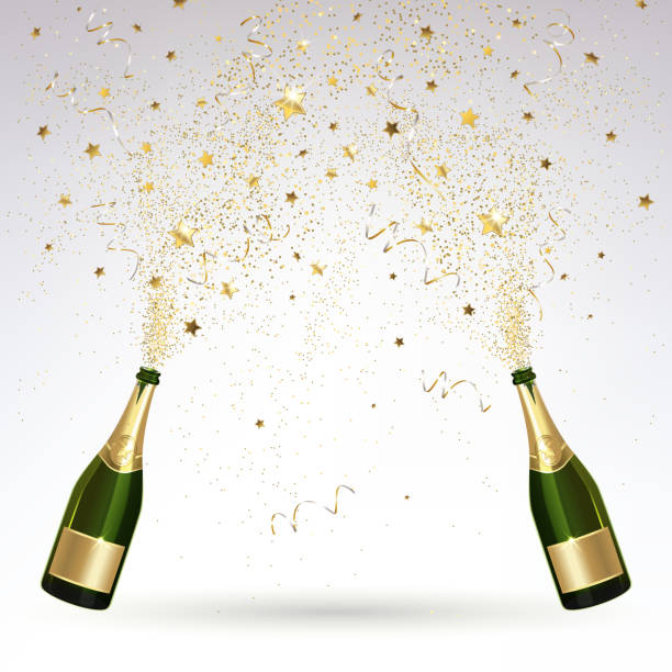grußkarte mit champagner und gold konfetti salute - champagner stock-grafiken, -clipart, -cartoons und -symbole