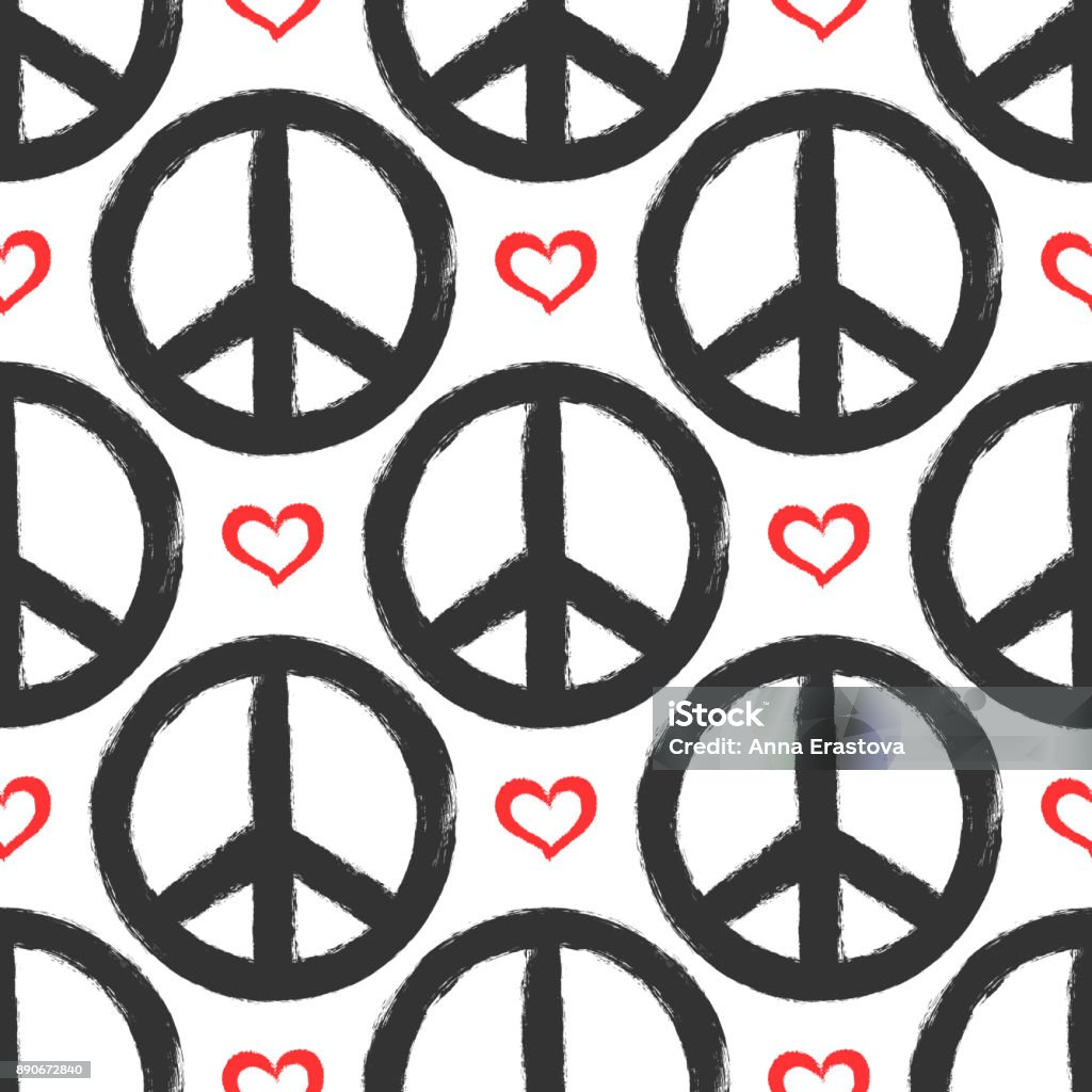 Seamless pattern with hearts and signs of peace. Grunge, graffiti, sketch, watercolor, paint. Seamless pattern with hearts and signs of peace. Grunge, graffiti, sketch, watercolor, paint. Endless vector illustration. Symbols Of Peace stock vector