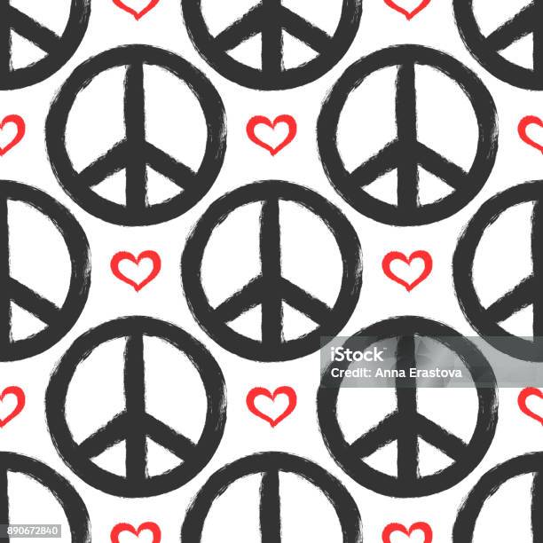 Seamless Pattern With Hearts And Signs Of Peace Grunge Graffiti Sketch Watercolor Paint Stock Illustration - Download Image Now