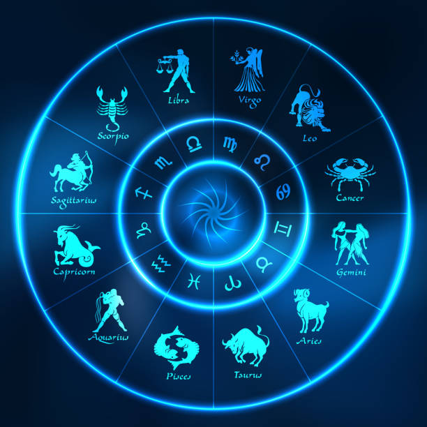 illustrazioni stock, clip art, cartoni animati e icone di tendenza di cerchio oroscopo al neon blu. cerchio con segni zodiacali. vettore - fortune telling astrology sign wheel sun