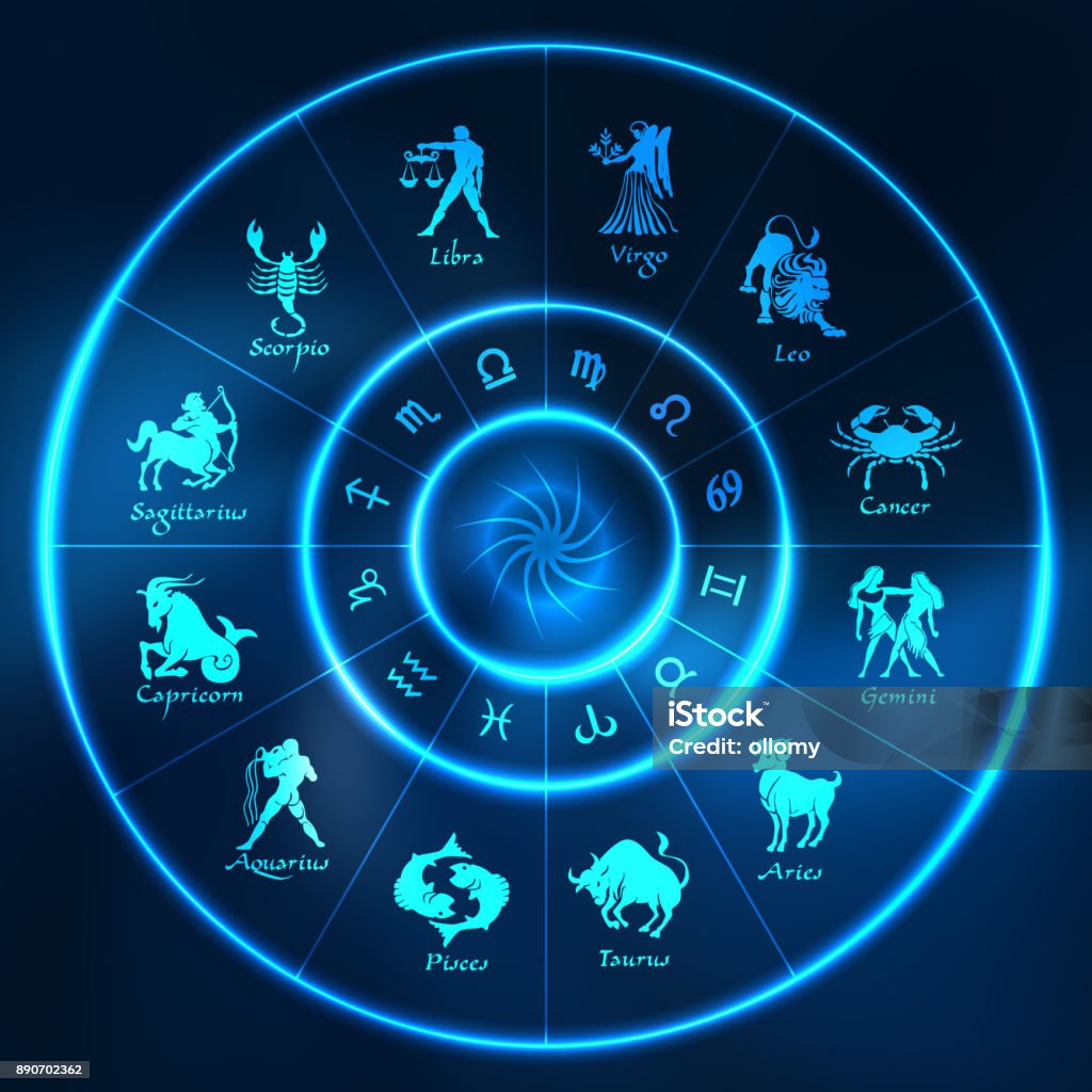 Blue neon horoscope circle.Circle with signs of zodiac.Vector Blue neon horoscope circle.Circle with signs of zodiac.Vector illustration Astrology Sign stock vector