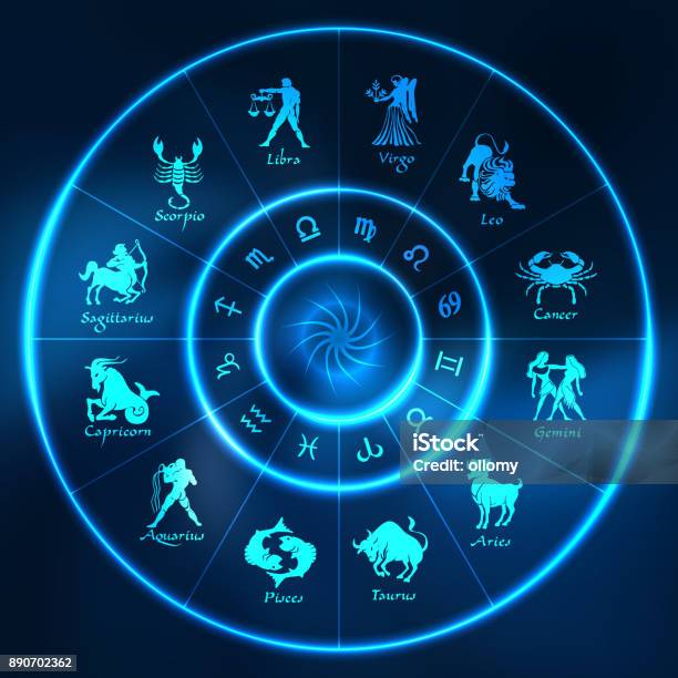 Blue Neon Horoscope Circlecircle With Signs Of Zodiacvector Stock Illustration - Download Image Now