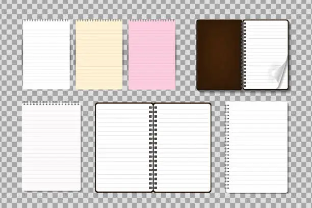 Vector illustration of Vector set of realistic isolated notepad on the transparent background. Realistic paper mock up template for covering design, branding, corporate identity and advertising.