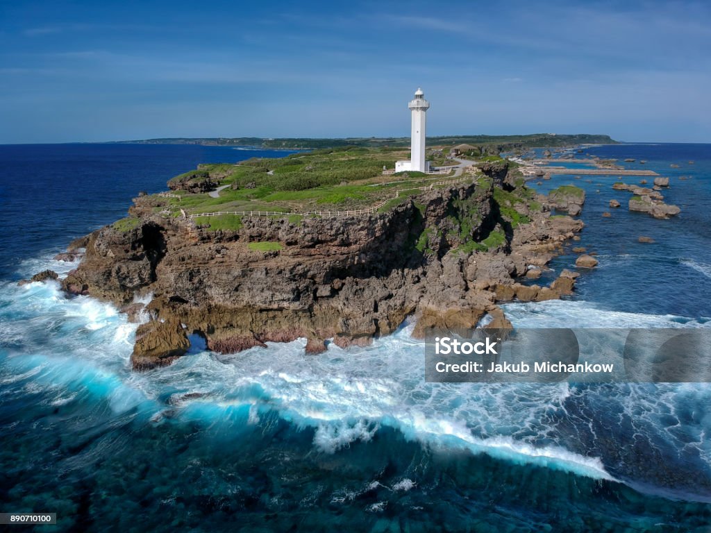 Higashi Henna zaki Lighthouse on East Henna Cape, Miyakojima Island, Japan Lighthouse Stock Photo